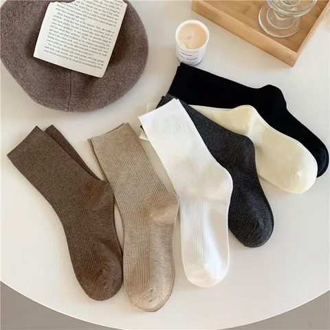 Calze Slouch a Righe Verticali Tinta Unita da Donna Autunno Inverno Casual Traspiranti in Cotone a Metà Polpaccio Moda Calzetteria