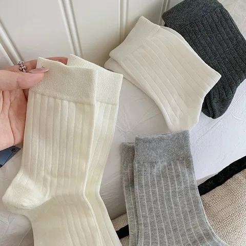 Γυναικείες Minimalist Ribbed Crew Socks Cotton Blend Solid Color Vertical Stripe
