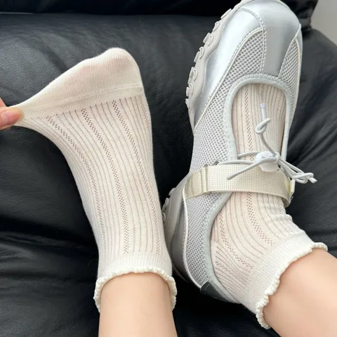 Women's Casual Pure Combed Cotton Crew Socks Sweet Lettuce Trim Mesh Hollow-Out Breathable Balletcore Short Socks