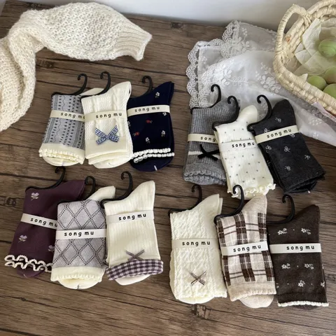 Calze al Ginocchio con Fiocco Floreale da Donna Casual Dolce Bordo Arricciato Calze in Maglia di Cotone Autunno Inverno
