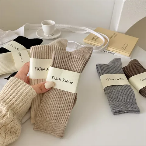 Calze Slouch Calde Invernali da Donna Stile Giapponese Tinta Unita Rigato Verticale Misto Lana di Coniglio