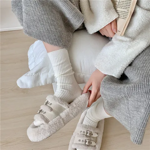 Calze Slouch Calde Invernali da Donna Stile Giapponese Tinta Unita Rigato Verticale Misto Lana di Coniglio