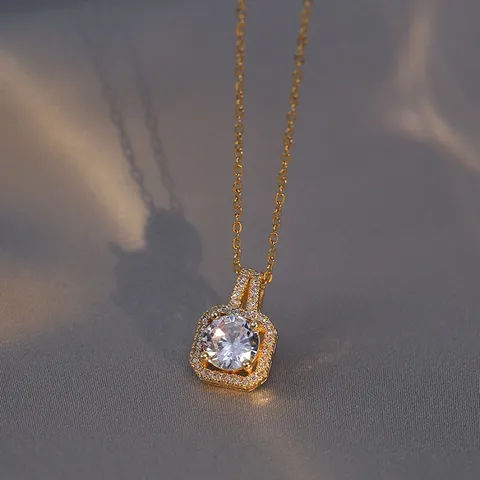 Titanium Steel Geometric Square Pendant Necklace For Women Fashion Rhinestone Inlaid Sparkle Gold Silver Rose Gold Neck Jewelry