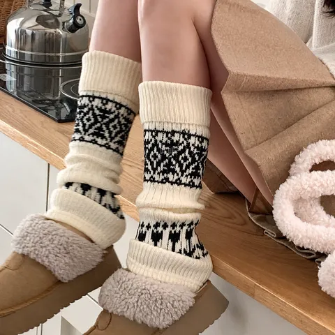 Women Autumn Winter Thickened Acrylic Leg Warmers Retro Fair Isle Diamond Pattern Slouchy Knit Calf Socks Casual Boot Cuffs