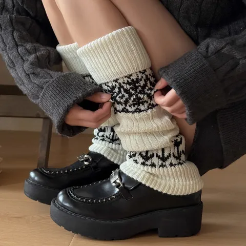 Women Autumn Winter Thickened Acrylic Leg Warmers Retro Fair Isle Diamond Pattern Slouchy Knit Calf Socks Casual Boot Cuffs