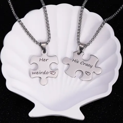 Stainless Steel Couple Puzzle Pendant Necklace His Crazy Her Weirdo Heart Geometric Matching Necklaces For Lovers Valentine Jewelry Gift
