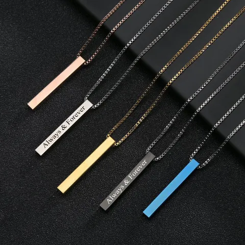 Stainless Steel Long Bar Pendant Necklace Minimalist Geometric Engravable Strip Box Chain Trendy Jewelry For Men Women