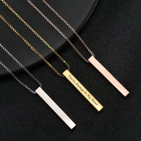 Stainless Steel Long Bar Pendant Necklace Minimalist Geometric Engravable Strip Box Chain Trendy Jewelry For Men Women
