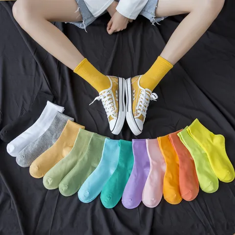 Women's Cotton Crew Socks Candy Color Fluorescent Solid Color Athletic Skateboard Socks Casual Daily Student Hosiery