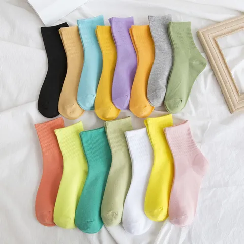 Women's Cotton Crew Socks Candy Color Fluorescent Solid Color Athletic Skateboard Socks Casual Daily Student Hosiery