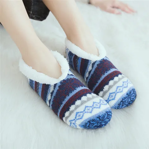 Women Winter Thickened Fleece Lined Non-Slip Jacquard Warm Floor Socks Home Indoor Cozy Slippers Socks