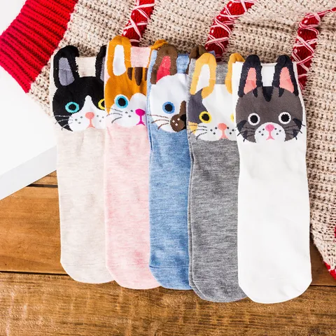 Chaussettes mi-hautes Motif Chat et Chien Mignon pour Femmes Chaussettes en Mélange de Coton Décontractées Nouveauté Animaux pour Quotidien
