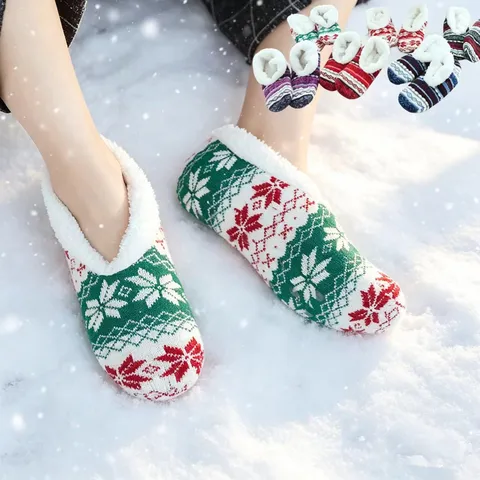 Women Winter Thickened Fleece Lined Non-Slip Jacquard Warm Floor Socks Home Indoor Cozy Slippers Socks