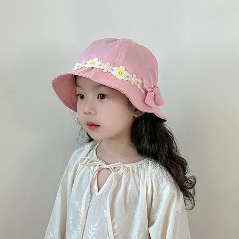 Infant Toddler Girls Fisherman Hat Ice Silk Cotton Lace Bow Summer Outdoor Beach Cute Princess Basin Hat Kids Sun Hat