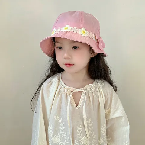 Infant Toddler Girls Fisherman Hat Ice Silk Cotton Lace Bow Summer Outdoor Beach Cute Princess Basin Hat Kids Sun Hat