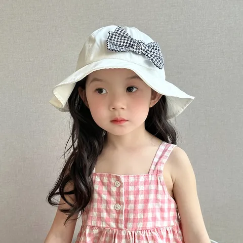 Kids Cute Bucket Hat Summer Sun Protection Cotton Blend Houndstooth Bowknot Design Adjustable Toddler Fisherman Hat