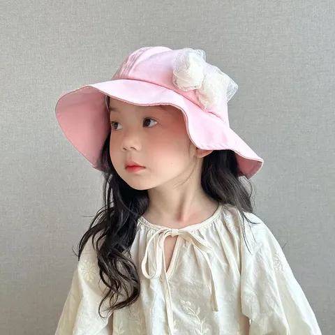 Cute Mesh Bow Sun Protection Bucket Hat For Kids Cotton Blend Summer Outdoor Princess Basin Hat Children