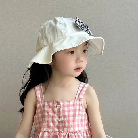 Kids Cute Bucket Hat Summer Sun Protection Cotton Blend Houndstooth Bowknot Design Adjustable Toddler Fisherman Hat