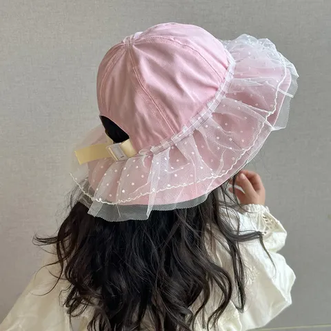 Baby Sun Hat Kids Wide Brim Polyester Bucket Hat Cute Mesh Polka Dot Princess Beach Hat Summer Outdoor Sun Protection