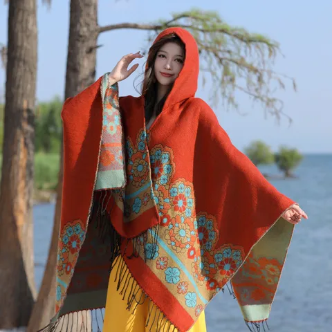 Women Ethnic Vintage Floral Print Tassel Hooded Cape Shawl Warm Thickened Poncho For Vacation Travel Winter