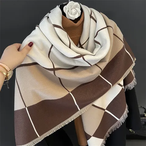 Women Winter Warm Square Scarf Imitation Cashmere Colorblock Plaid Shawl Fringe Wrap Scarf Fashion Accessories