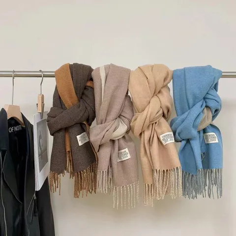 Double Sided Imitation Cashmere Scarf For Women Solid Color Warm Tassel Shawl Long Versatile Winter Neck Warmer