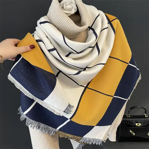 Women Winter Warm Square Scarf Imitation Cashmere Colorblock Plaid Shawl Fringe Wrap Scarf Fashion Accessories