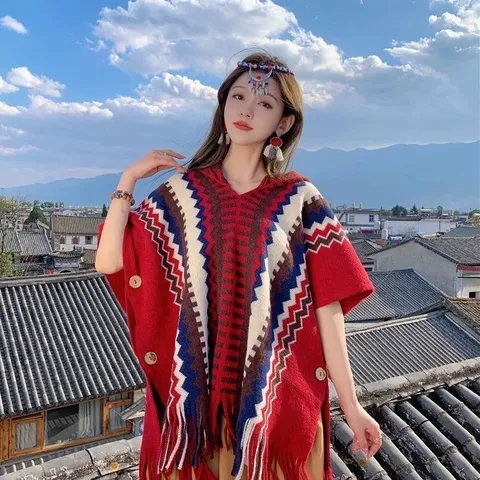 Damen Ethno Geometrisch Gestrickter Umhang Schal Quaste Knopf Warmer Winter Poncho