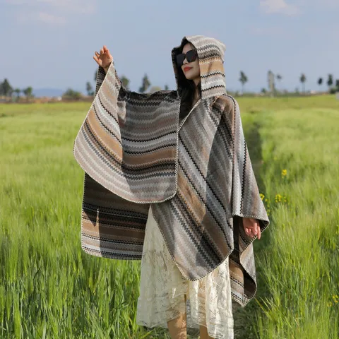 Ethnic Style Striped Large Cloak Hooded Shawl Dual Use Outdoor Travel Sun Protection Poncho Women Fashion Cape