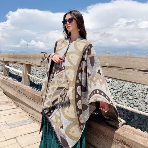Bohemian Ethnic Style Floral Jacquard Thickened Warm Shawl Women Winter Travel Outdoor Cape Scarf Fashion Outerwear