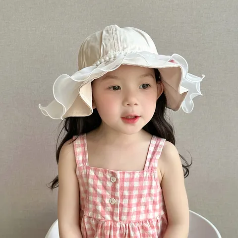 Kids Sun Protection Bucket Hat Cute Pearl Mesh Lace Bowknot Summer Beach Princess Hat Children Fisherman Cap