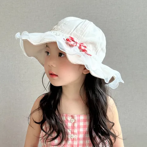 Kids Sun Protection Bucket Hat Cute Pearl Mesh Lace Bowknot Summer Beach Princess Hat Children Fisherman Cap