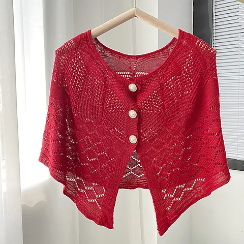 Women Hollow Out Knitted Shawl Pearl Button Sun Protection Cardigan Summer Air Conditioned Room Short Shrug