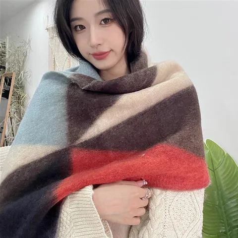 Damen Winter Warm Karomuster Fransen Schal Imitation Kaschmir Schleifengarn Quaste Schal Mode Lässig Langer Schal
