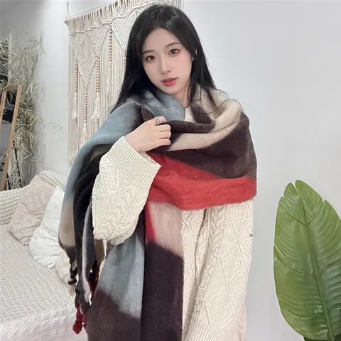 Damen Winter Warm Karomuster Fransen Schal Imitation Kaschmir Schleifengarn Quaste Schal Mode Lässig Langer Schal