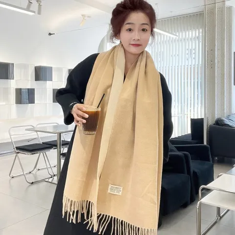 Women Winter Warm Imitation Cashmere Scarf with Double Sided Solid Color Design and Delicate Tassel Trim Soft Comfortable Neck Warmer