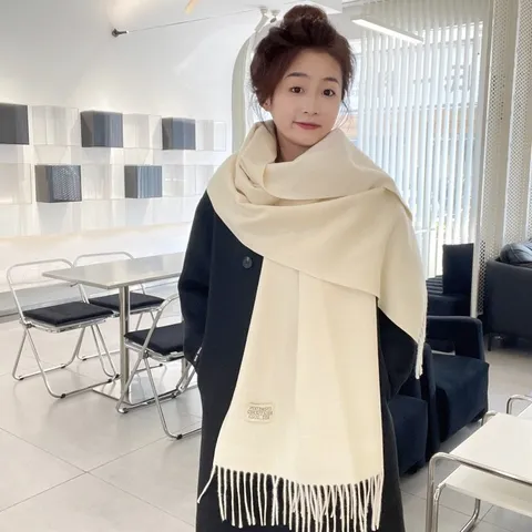 Women Winter Warm Imitation Cashmere Scarf with Double Sided Solid Color Design and Delicate Tassel Trim Soft Comfortable Neck Warmer