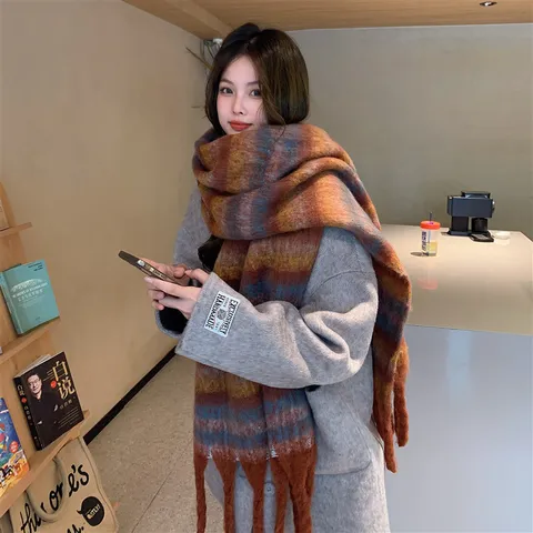 Sciarpa Vintage Sfumata a Blocchi di Colore Con Nappe da Donna Invernale Calda Simil Cachemire Scialle in Maglia di Acrilico