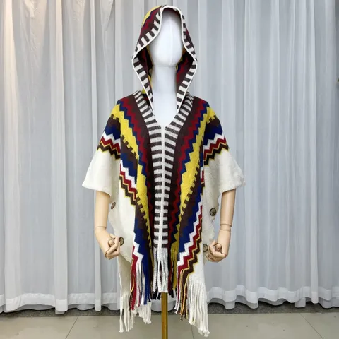 Women Vintage Ethnic Striped Knitted Tassel Cape Shawl Open Front Hooded Cardigan Poncho Winter Autumn Outerwear
