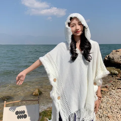 Women Hooded Knit Shawl Cape Tassel Autumn Winter Thermal Warm Poncho Scarf Cardigan Outerwear Ethnic Style Fringe Wrap