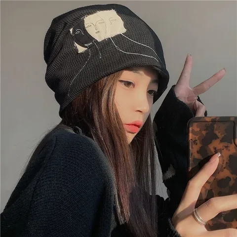 Japanese Retro Knit Beanie Hat For Women Spring Fall Slouchy Skull Cap Warm Ear Protection Head Wrap Streetwear