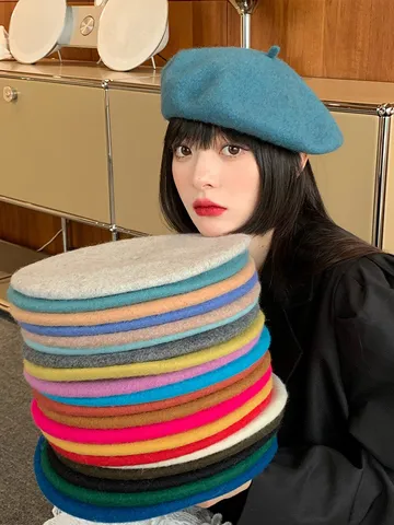 Women Wool Blend Beret Hat Korean Style Vintage Candy Color Winter Warm Painter Hat Solid Color Fashion Headwear