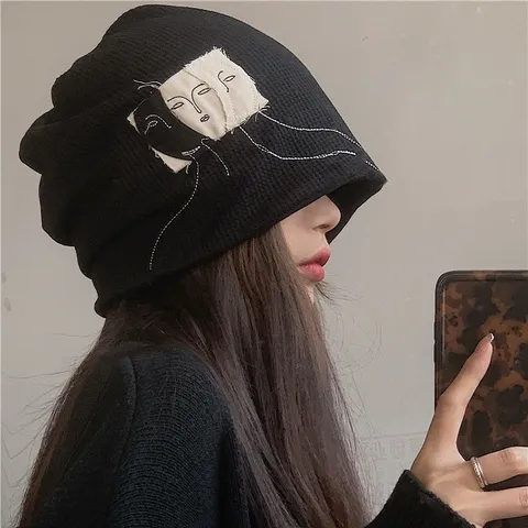 Japanese Retro Knit Beanie Hat For Women Spring Fall Slouchy Skull Cap Warm Ear Protection Head Wrap Streetwear