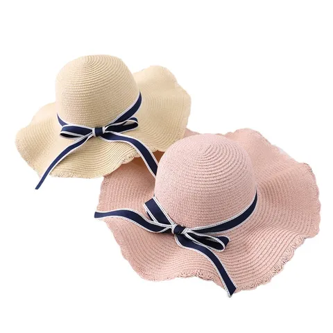Women Kids Summer Straw Hat Large Brim Foldable Beach Sun Hat Bow Ribbon Casual Outdoor Sun Protection Hat