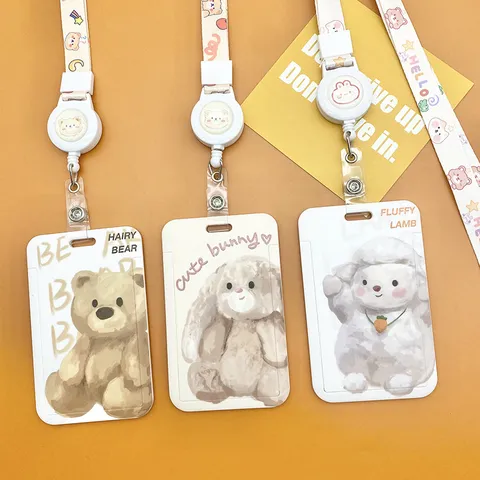 Lindo Portatarjetas de Identificación con Impresión de Animales de Dibujos Animados Con Cordón Retráctil Carrete Funda Protectora de Plástico Deslizable para Tarjeta de Autobús Campus Acceso Oficina Escuela Estudiantes Personal Llavero Anti-Perdida