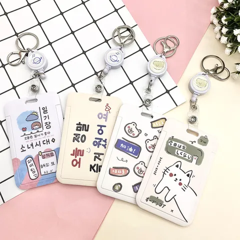Cute Cartoon Plastic Card Holder Sliding Badge Cover With Retractable Badge Reel Lanyard For Bus Pass Meal Card Students Kids