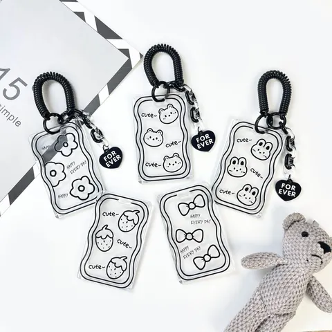 Transparent PS Card Sleeve Sliding Cover Embossed ID Protector With Lanyard Planet Keychain For Student Office Card Holder
