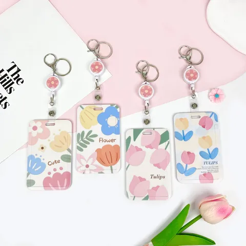 Cute Cartoon Sliding Card Holder Student Campus ID Card Protection Sleeve Ins Style Floral Pattern Badge Holder Accessory