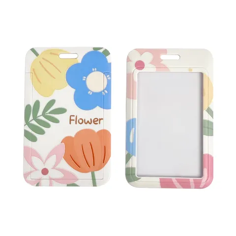 Cute Cartoon Sliding Card Holder Student Campus ID Card Protection Sleeve Ins Style Floral Pattern Badge Holder Accessory