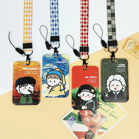 Retro Art Painter Van Gogh Da Vinci ABS Embossed Sliding Card Holder Badge Protector Student ID Card Cover With Lanyard